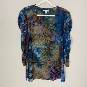 Cato Abstract Burnout Ruched Sleeve Top Women 14/16W Floral Moody Dark Romantic